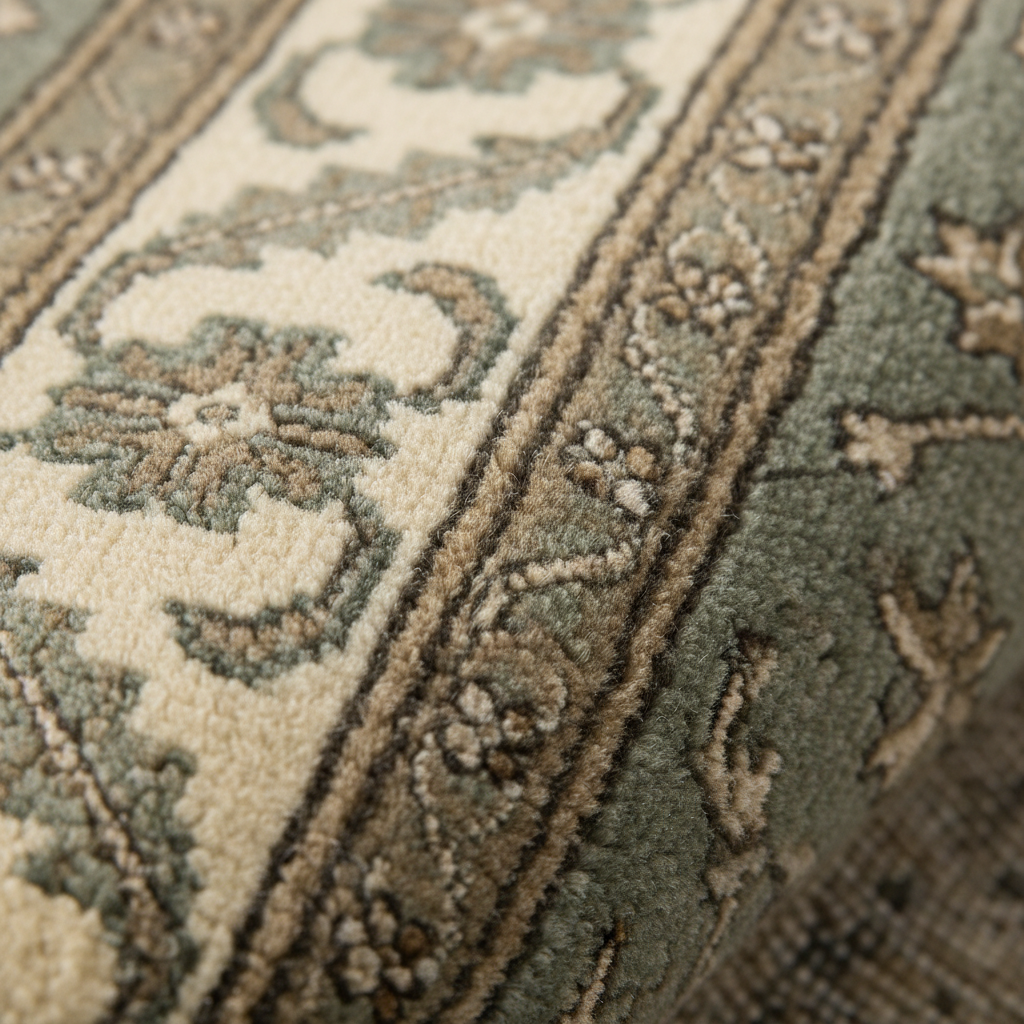 Close-up of a textured area rug with a traditional floral pattern in muted sage green, beige, and cream tones.