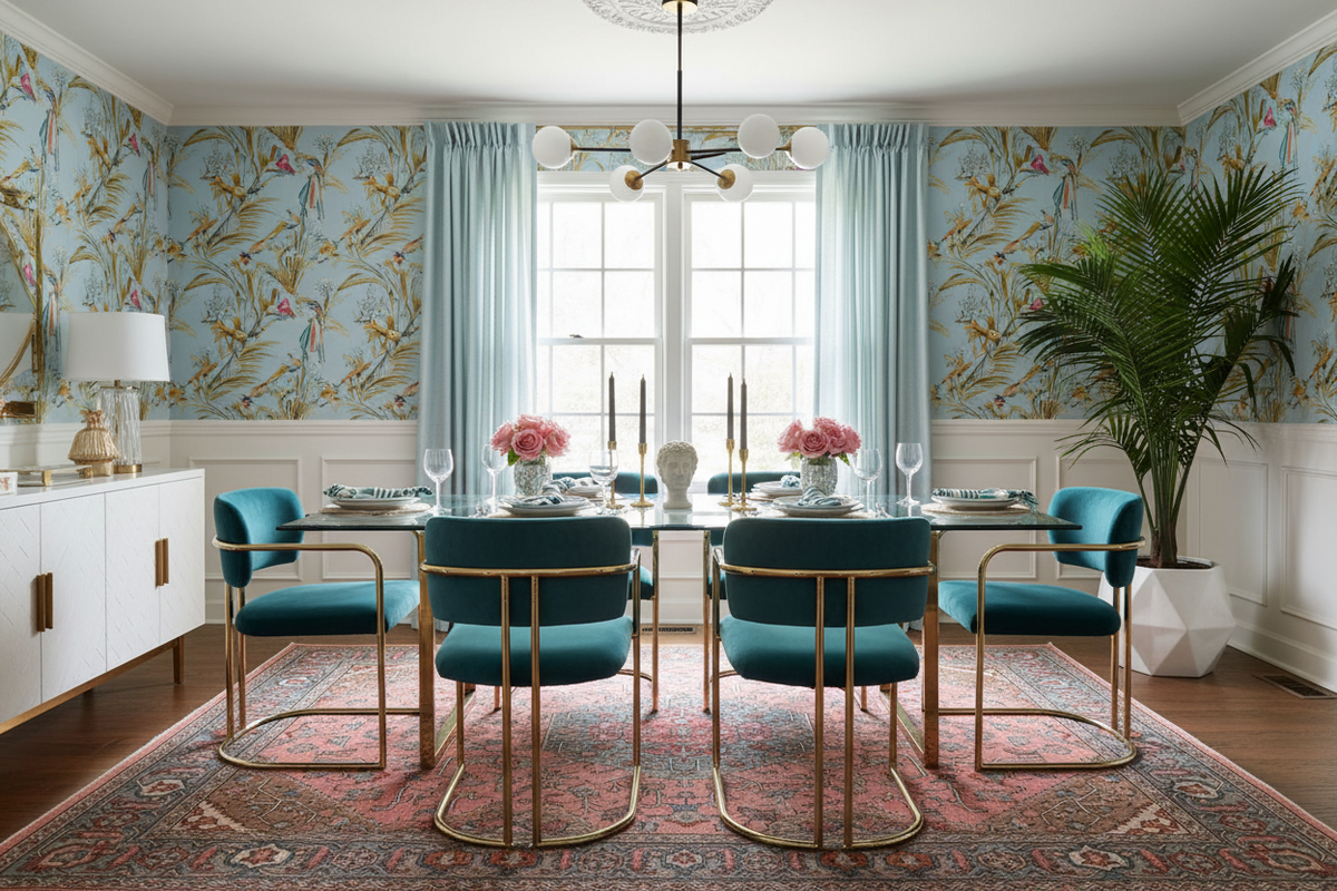 Dining room with teal chairs, gold legs, and floral rug, and wallpaper.
