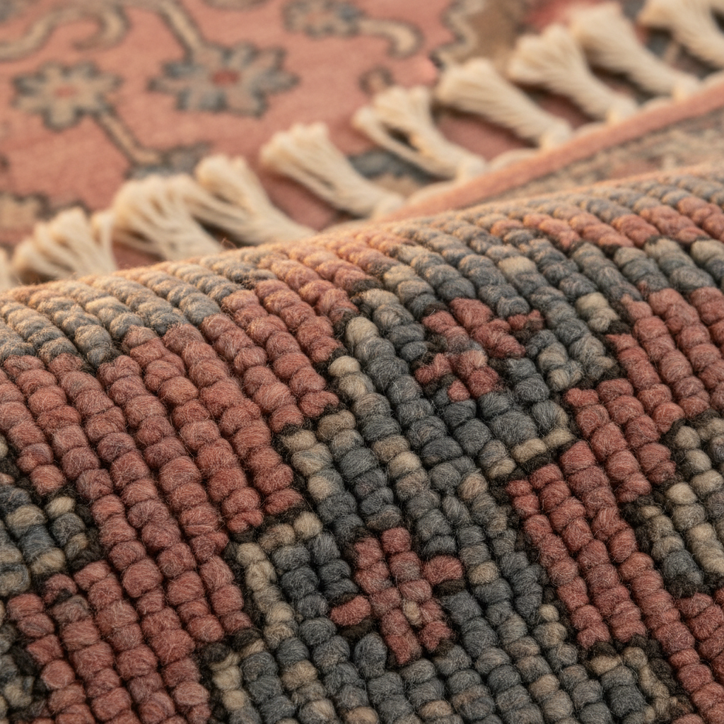 Close-up of a textured area rug with a chunky looped pile, featuring a geometric pattern in dusty terracotta, charcoal gray, and beige, with cream fringe visible in the background.