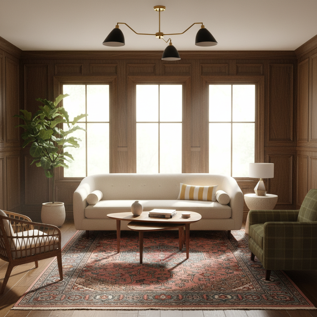 A beautifully styled living room featuring a cream-colored sofa as the central focus, set on a traditional patterned area rug. The room has warm wood-paneled walls, three tall windows, a brass three-arm chandelier, a green plaid armchair, and a potted plant.