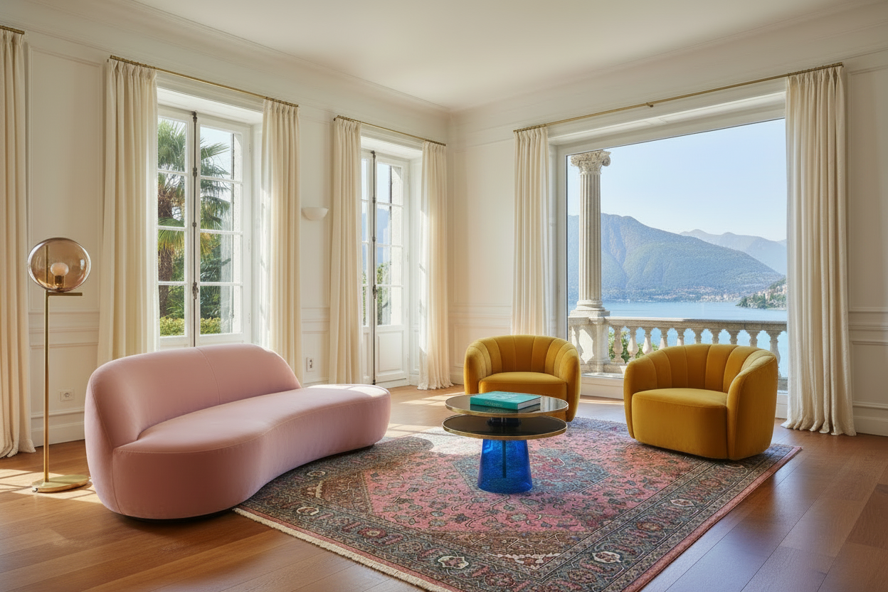 Modern living room with green sofa, yellow armchair, and blue coffee table in a room with large windows and a scenic view.