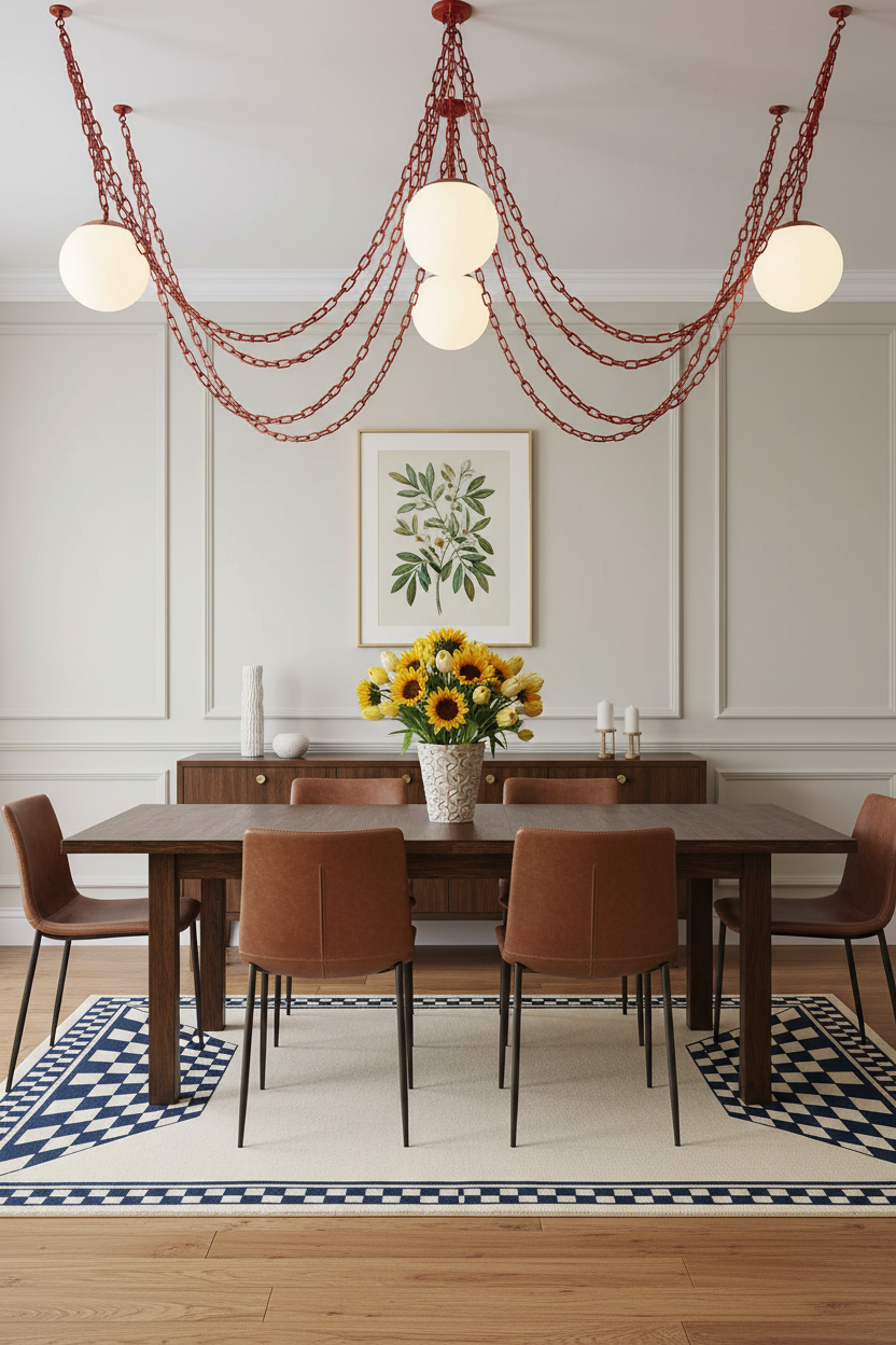 A styled dining room featuring a dark wood dining table and four brown upholstered chairs, decorated with a vase of sunflowers. A prominent multi-light chain chandelier with spherical white shades hangs from red chains above.