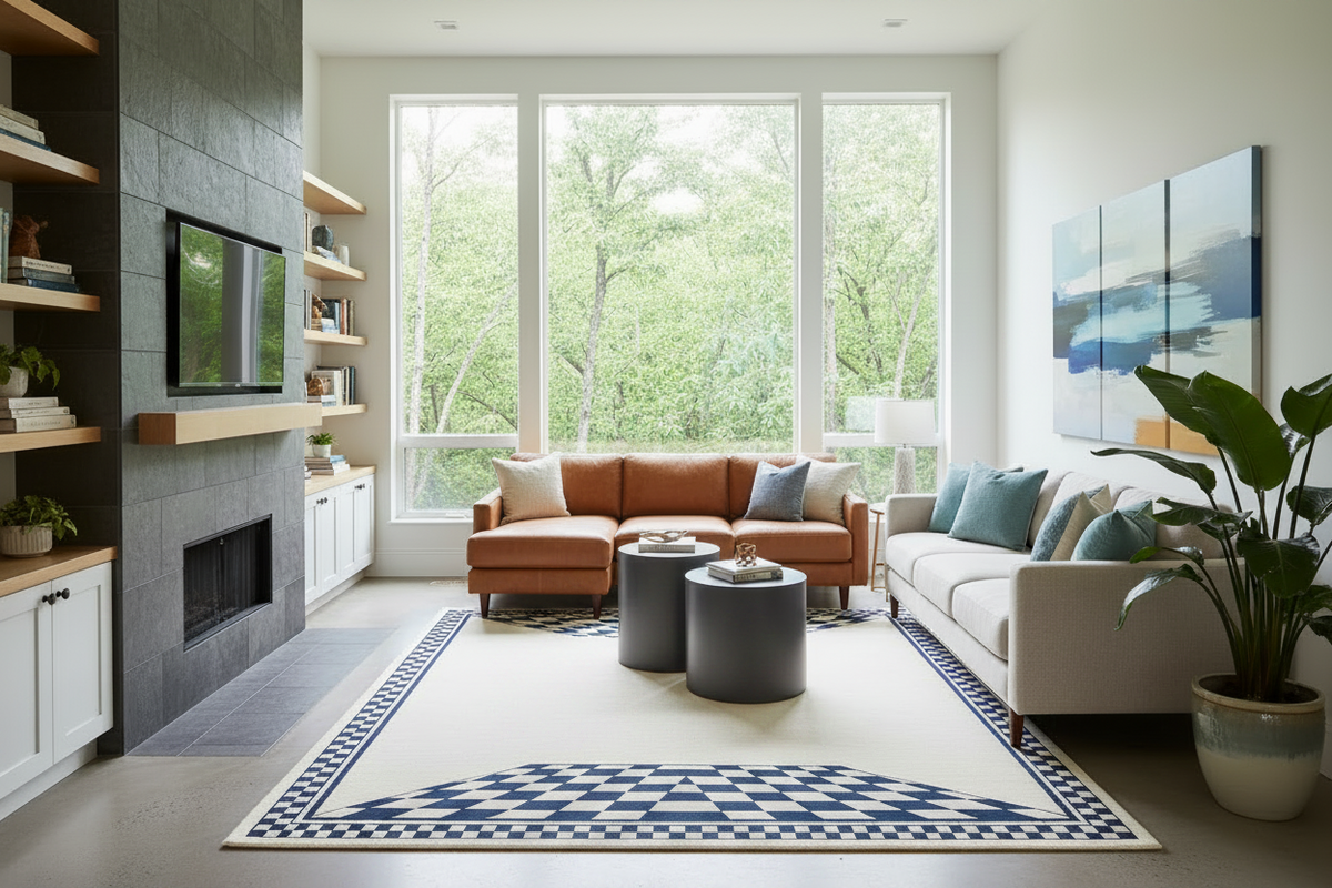 Modern living room with a sectional sofa, contemporary rug, coffee table, and decorative elements.