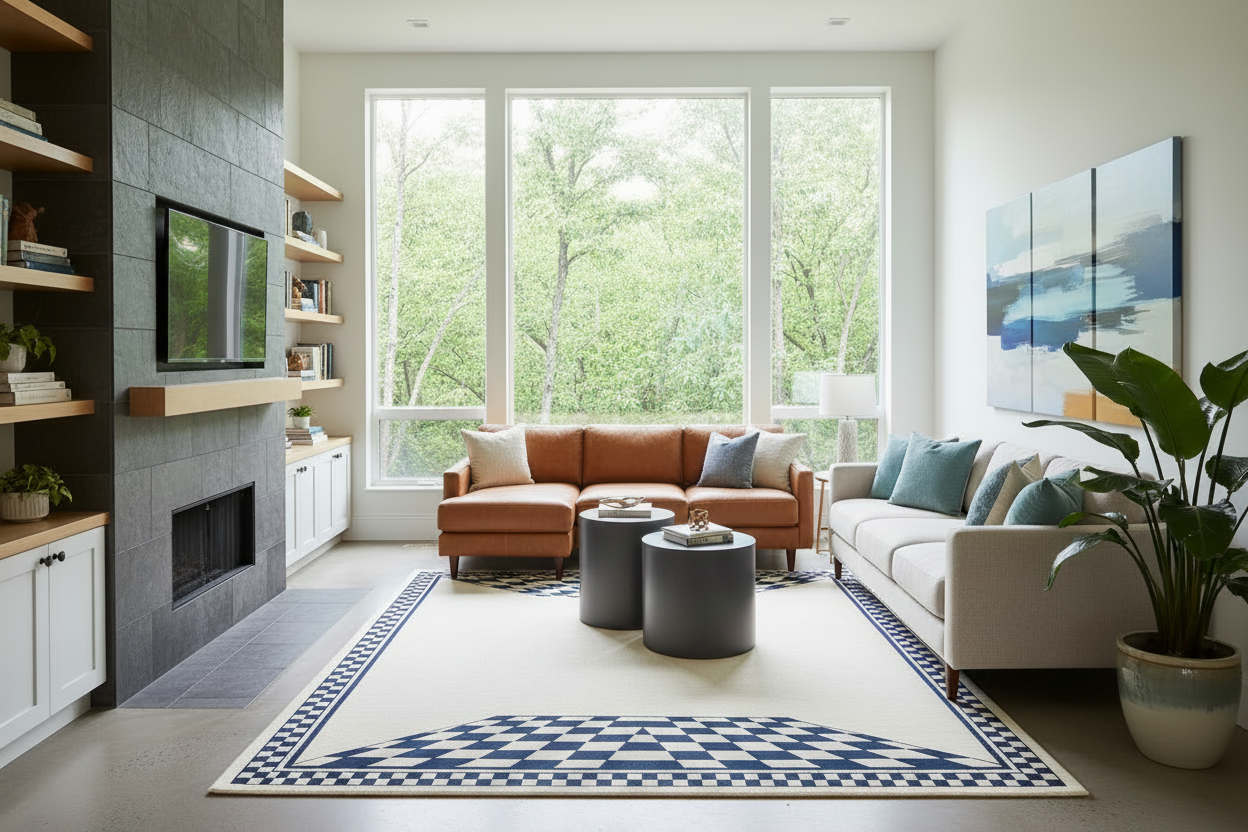 Modern living room with a sectional sofa, contemporary rug, coffee table, and decorative elements.
