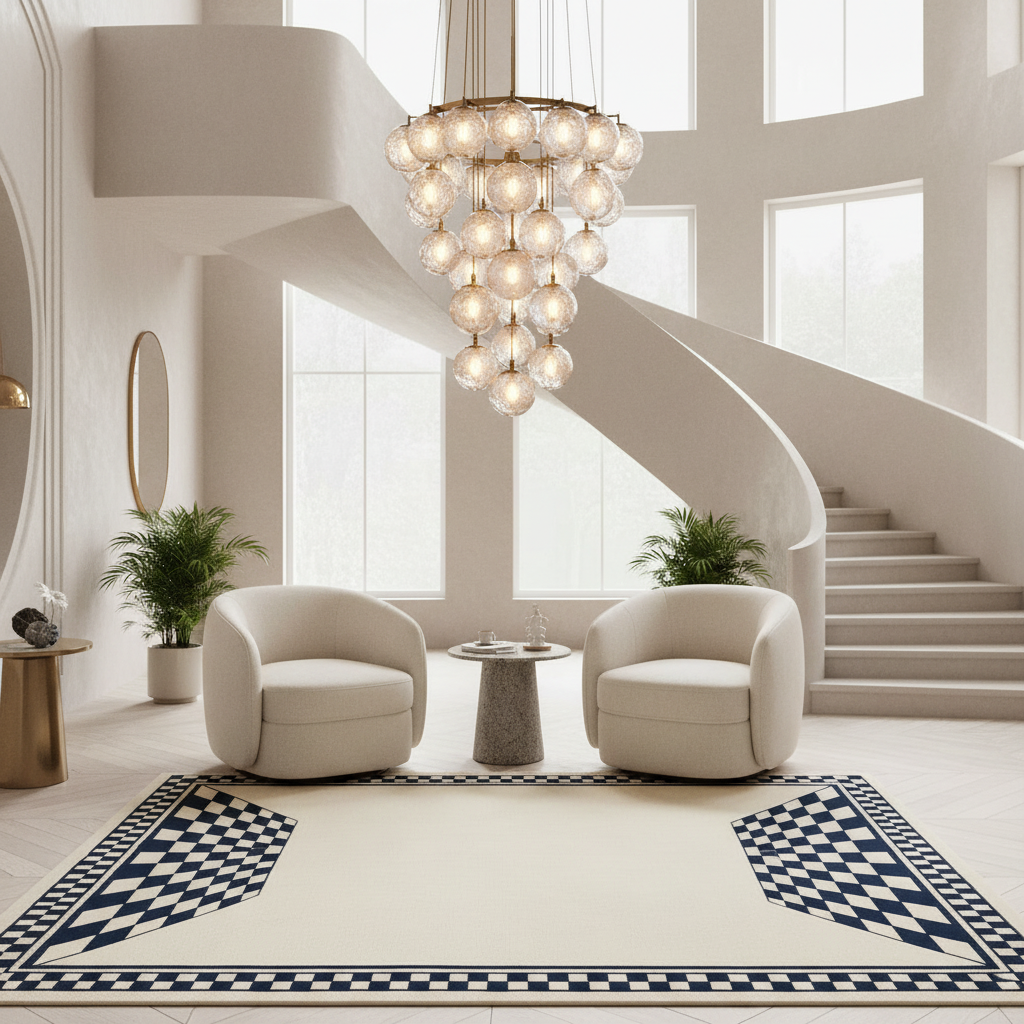 A luxury modern interior featuring a large cream-colored area rug with a navy blue geometric border, styled with two cream armchairs and a small stone side table. A sweeping white spiral staircase, a multi-light glass chandelier, and potted plants are visible in the background.