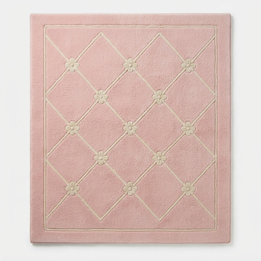 Petal Pink Trellis Hand Tufted Wool Rug - studio photo