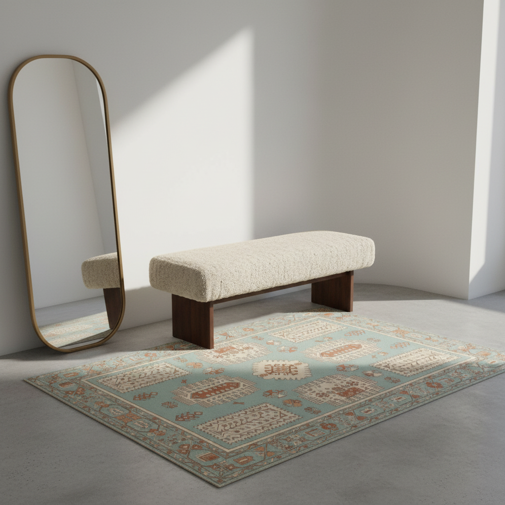 A styled interior scene with a cream boucle bench on a patterned light blue and beige rug, beside a tall floor mirror with a gold frame against a white wall.