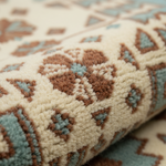 Close-up of a rolled area rug showing a textured, plush pile with a traditional geometric pattern in cream, brown, and muted blue.