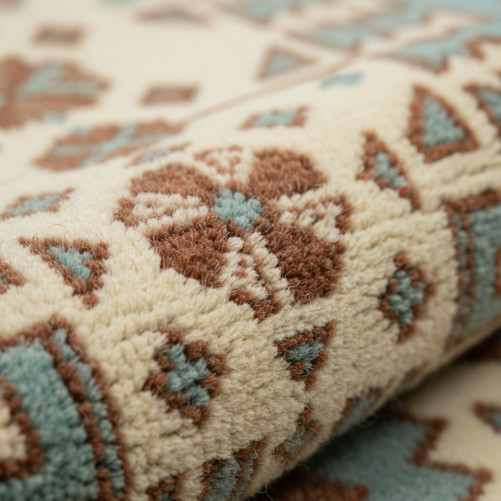 Close-up of a rolled area rug showing a textured, plush pile with a traditional geometric pattern in cream, brown, and muted blue.