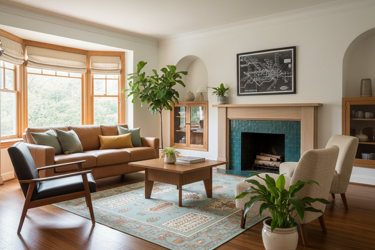 Living room with brown sofa, wooden coffee table, blue tribal hand made rug, and fireplace.