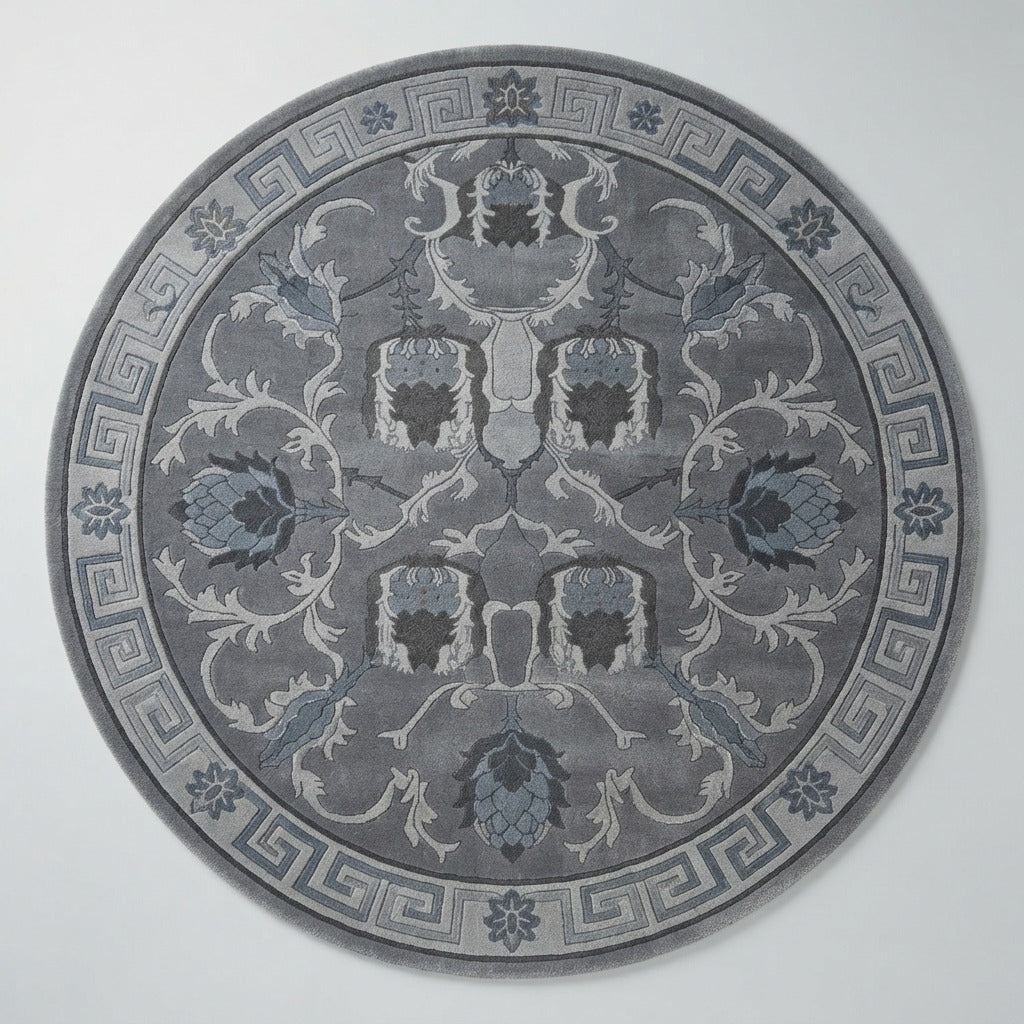 Pewter Key Garden Round Hand Tufted Wool Rug - studio photo