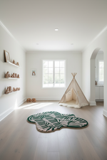 Children's room with a teepee, piano rug, and shelves.