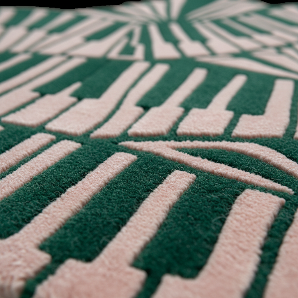 Close-up of a plush textured rug with a bold geometric pattern in dark green and pale pink.