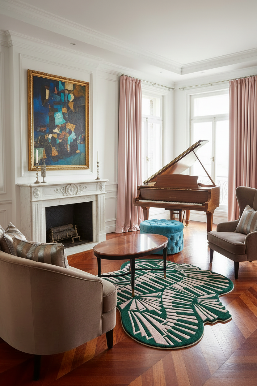 Living room with a grand piano, fireplace, and decorative rug.