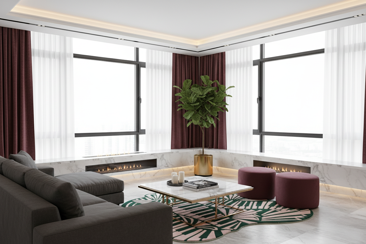 A modern living room interior with a dark gray sectional sofa, a low white coffee table, two round burgundy ottomans, a patterned rug, large windows with sheer white curtains and dark burgundy drapes, built-in floor flames, and a tall potted plant.