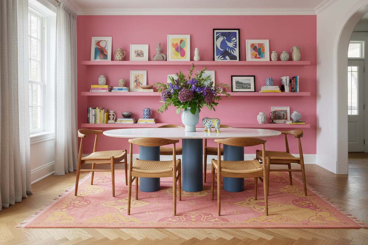 Dining room with pink rug, pink walls, shelves, and table, featuring a vase of flowers and books.