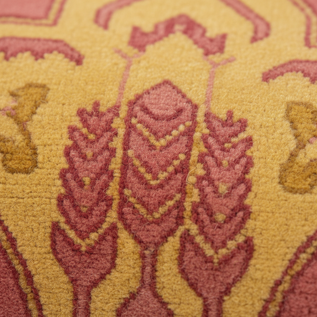 Close-up of a textured area rug with a repeating ornamental floral or botanical pattern in dusty pink and mustard yellow.