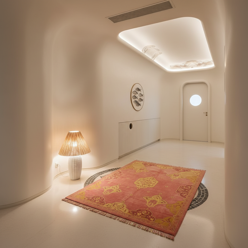 A pink and gold patterned area rug with fringe is displayed on a glossy white floor in a modern, minimalist, curved-walled room with a lit table lamp nearby.