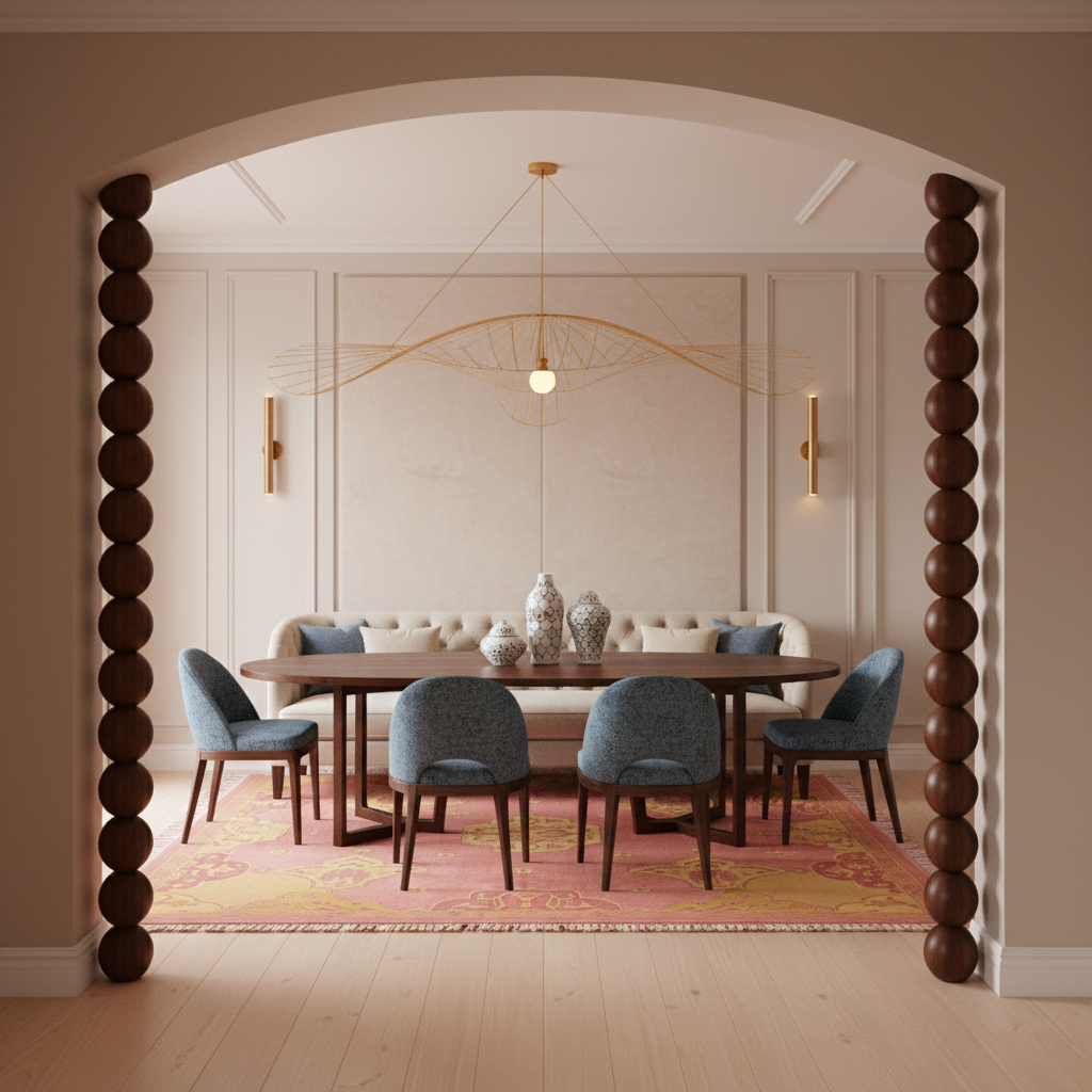A styled dining room interior viewed through a rounded archway with dark wooden posts. The room features a round dark wood dining table, four blue upholstered chairs, a cream sofa, a pink patterned rug, and a gold wire pendant light.