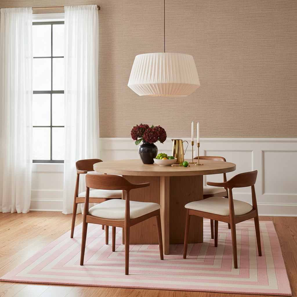 Dining room with wooden table and chairs on a pink rug