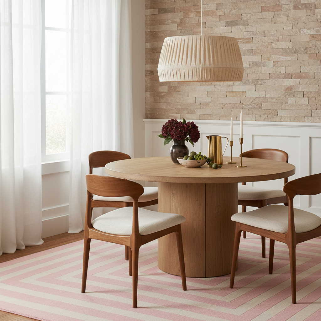 Dining room with wooden table and chairs on a pink striped rug