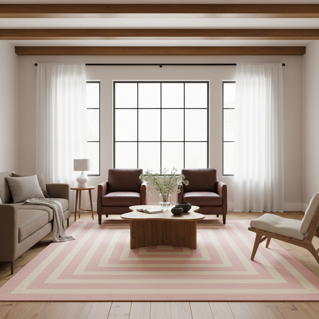A styled living room featuring a large pink and cream striped area rug on a light wood floor, with a beige sofa, two brown armchairs, a low wooden coffee table, and white sheer curtains in the background.