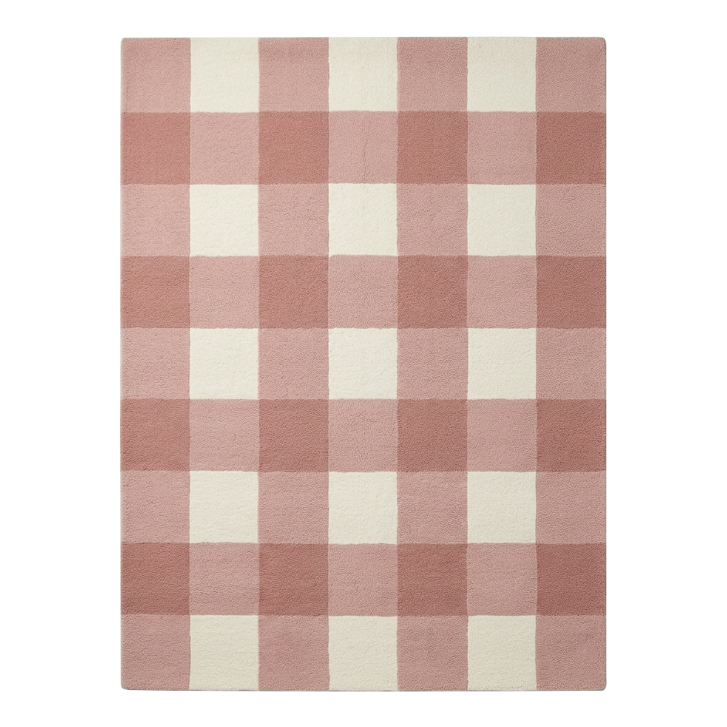 Pink Gingham Pattern Hand Tufted Wool Rug 