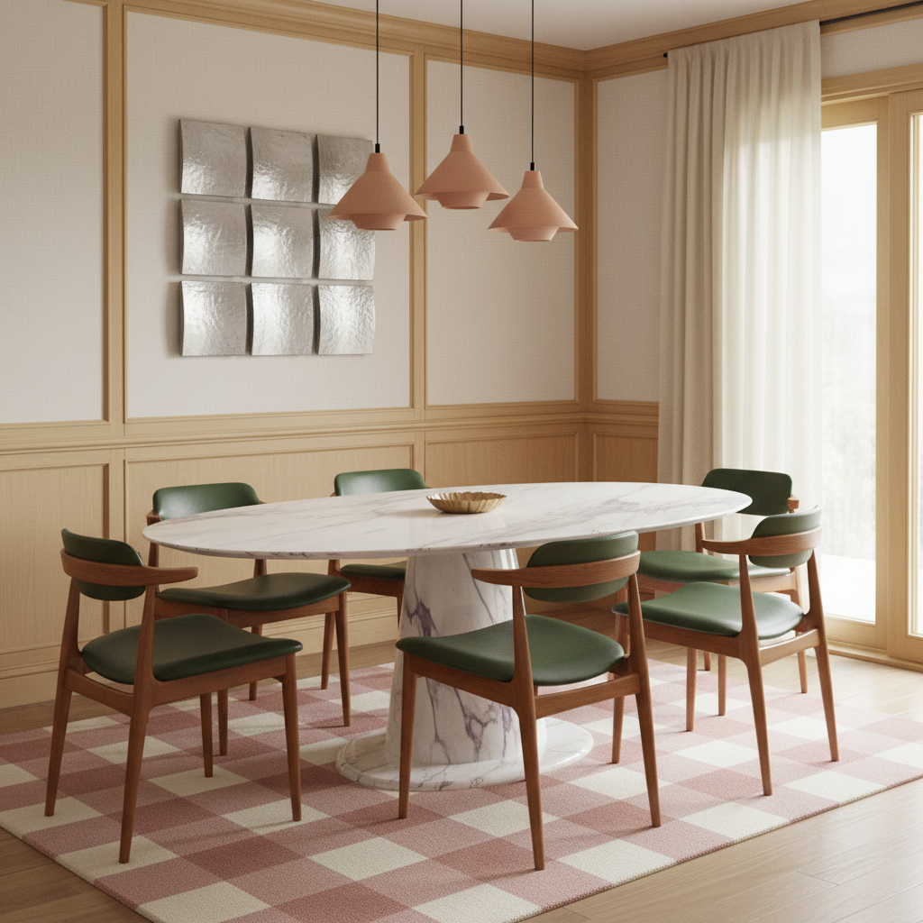 Dining room with a marble table and wooden chairs on a checkered rug.