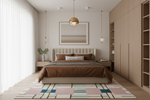 A modern bedroom interior with a bed dressed in brown bedding, matching nightstands, a geometric area rug, built-in wood wardrobes, pendant lights, and a large framed abstract print on the wall.