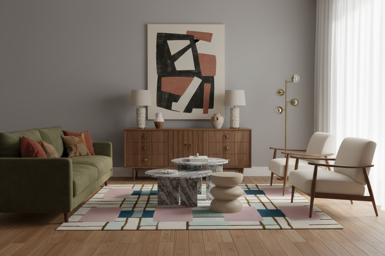 Modern living room with a green sofa, abstract painting, and geometric rug.