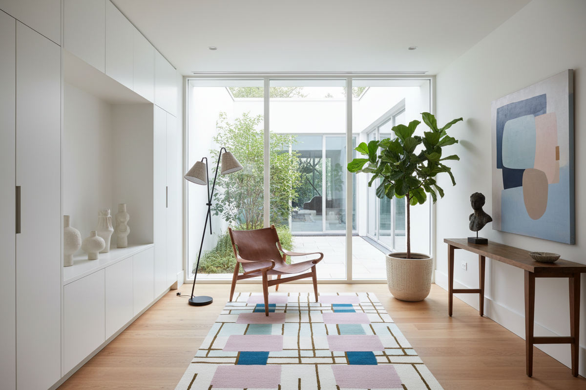 A modern living room interior with a large abstract painting on the wall, a brown leather mid-century chair, a potted fiddle-leaf fig plant, a white built-in cabinet, and a geometric area rug on light wood flooring.