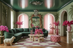 Decorative living room with green walls, pink accents, and floral rug.