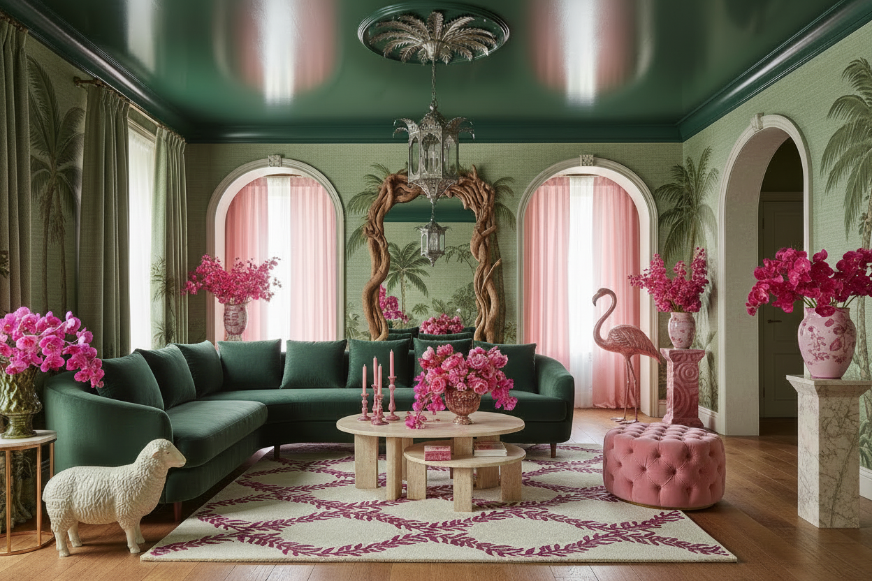 Decorative living room with green walls, pink accents, and floral rug.