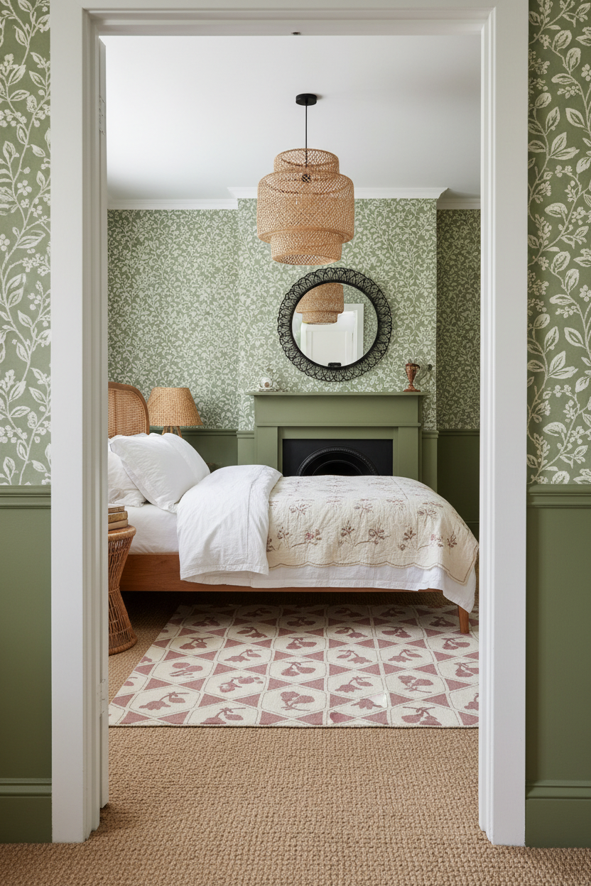 Bedroom with green walls, floral-patterned  rug, wallpaper, and a bed with white bedding.
