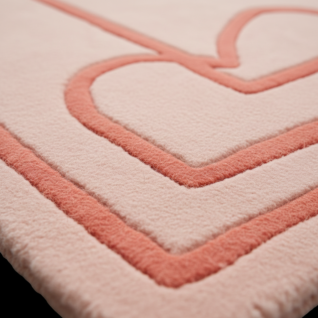 Close-up of a soft plush surface with a raised coral-pink stitched heart outline pattern.