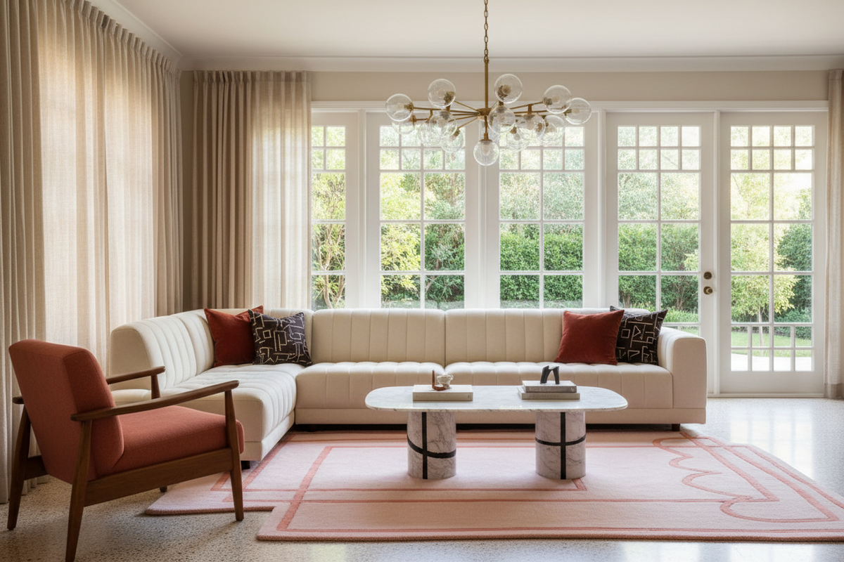 Modern living room with beige sofa, red armchair, pink rug, and coffee table.