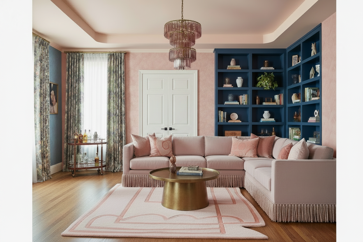 Living room with a pink sofa, pink rug, blue bookshelf, and gold coffee table.