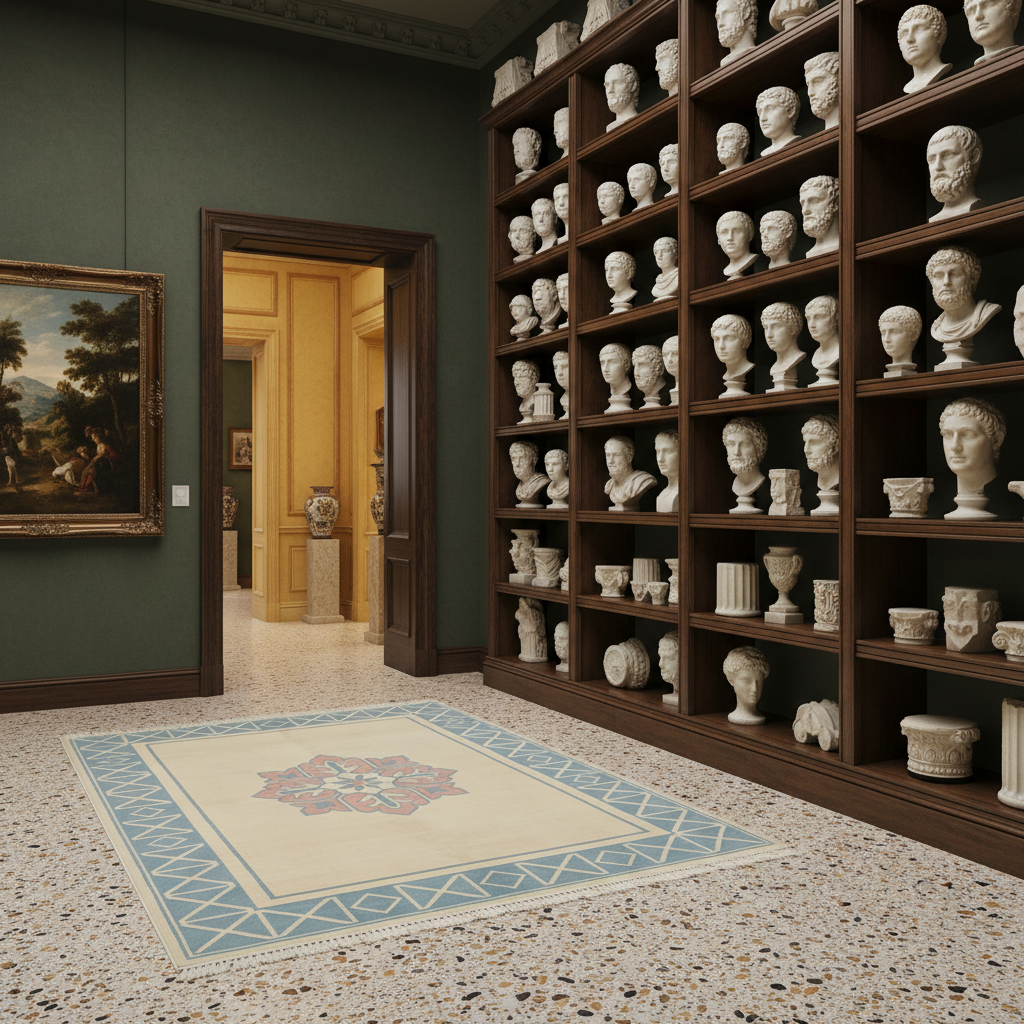 A large rectangular area rug with a blue and cream medallion border lies on a speckled terrazzo floor in an elegant room. The room features dark green walls, a wooden doorway, and a massive dark wood shelving unit filled with white classical busts and sculptures.