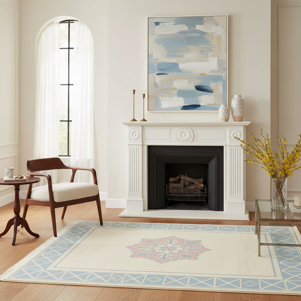 A styled living room scene featuring a cream area rug with a blue and pink medallion pattern, set in front of a white fireplace mantel with a blue abstract painting above it.