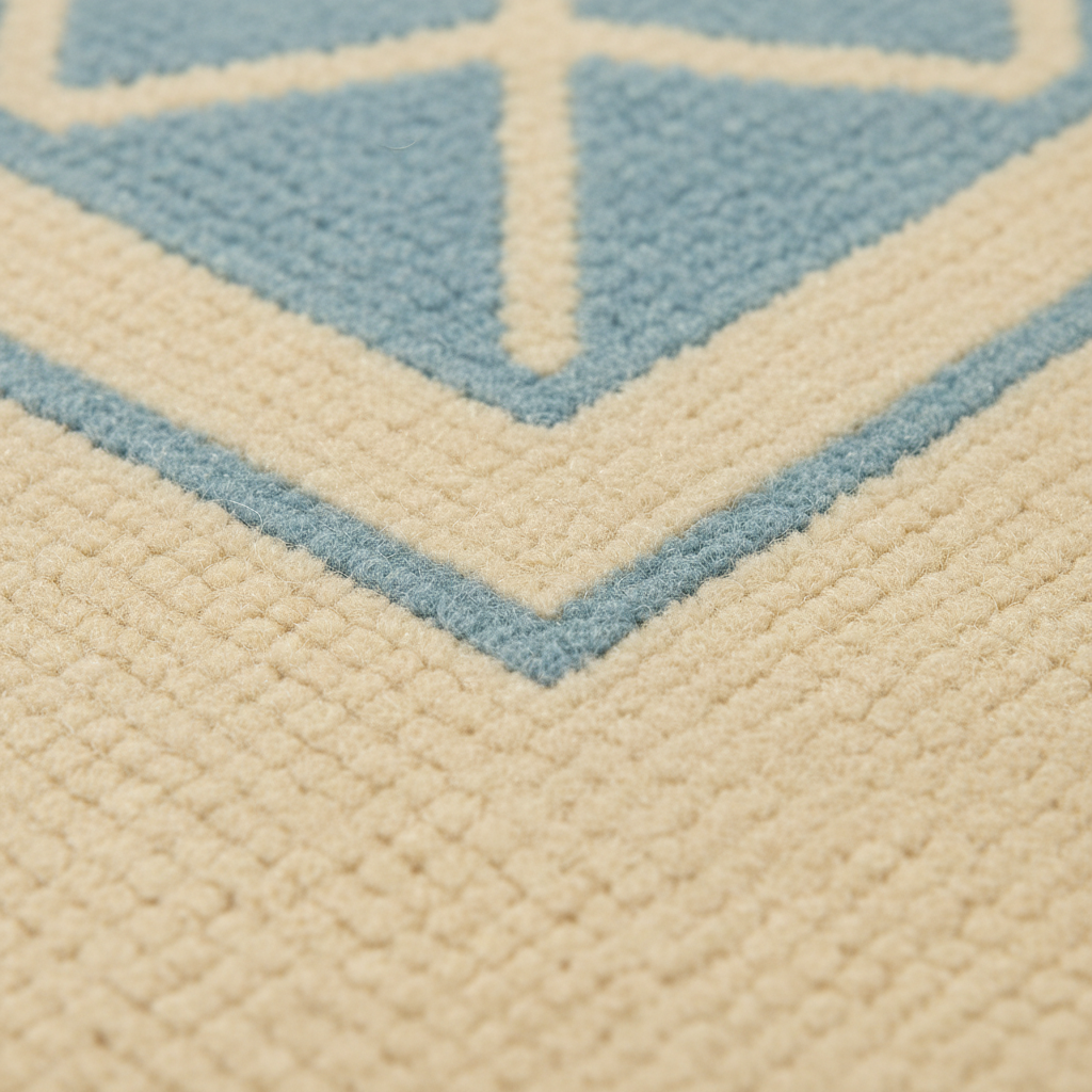 Close-up of a textured rug with a geometric pattern in light blue and cream.