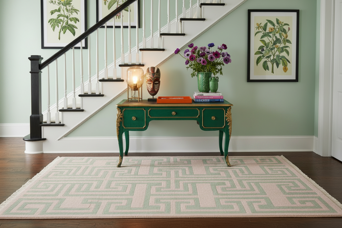 Foyer with a green console table, flowers, Pink Monsoon Shadow Hand Knotted Rug, and framed botanical prints on a light green wall.