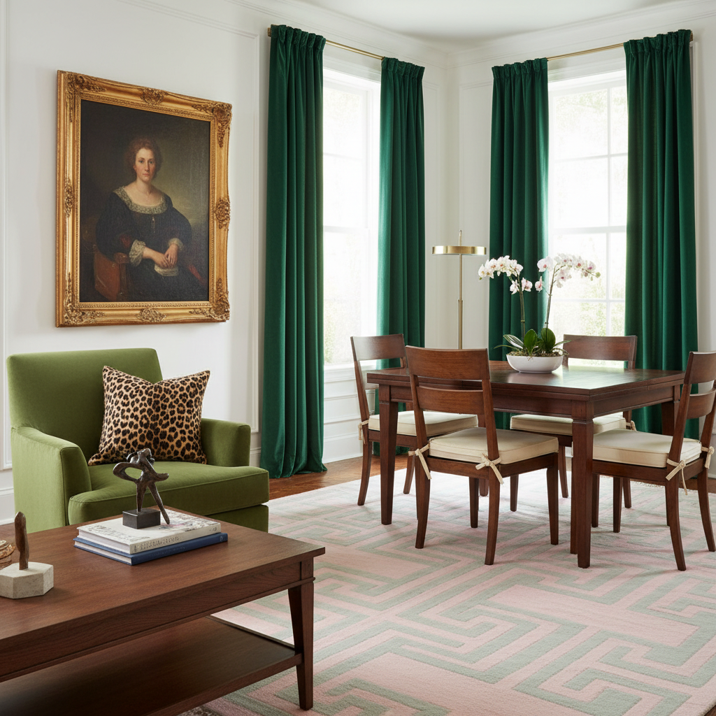 A styled interior room with a large framed portrait on the wall, deep green curtains, a green armchair with a leopard-print pillow, a wooden dining table and chairs, a patterned rug, and a coffee table in the foreground.