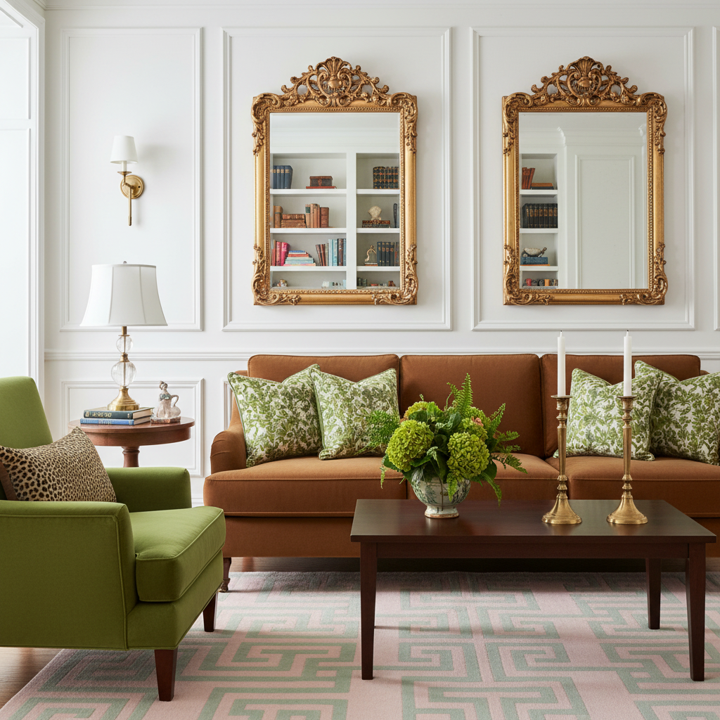 A styled living room scene with a brown sofa, green patterned pillows, a green armchair, a dark wood coffee table, and two large ornate gold-framed mirrors on a white paneled wall.