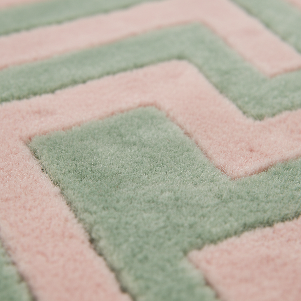 Close-up of a plush textured rug with a geometric chevron pattern in soft sage green and pastel pink.