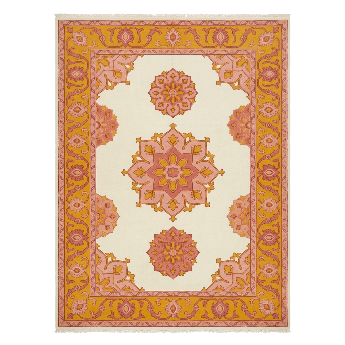 Pink and Yellow Floral Medallion Hand Tufted Wool Rug