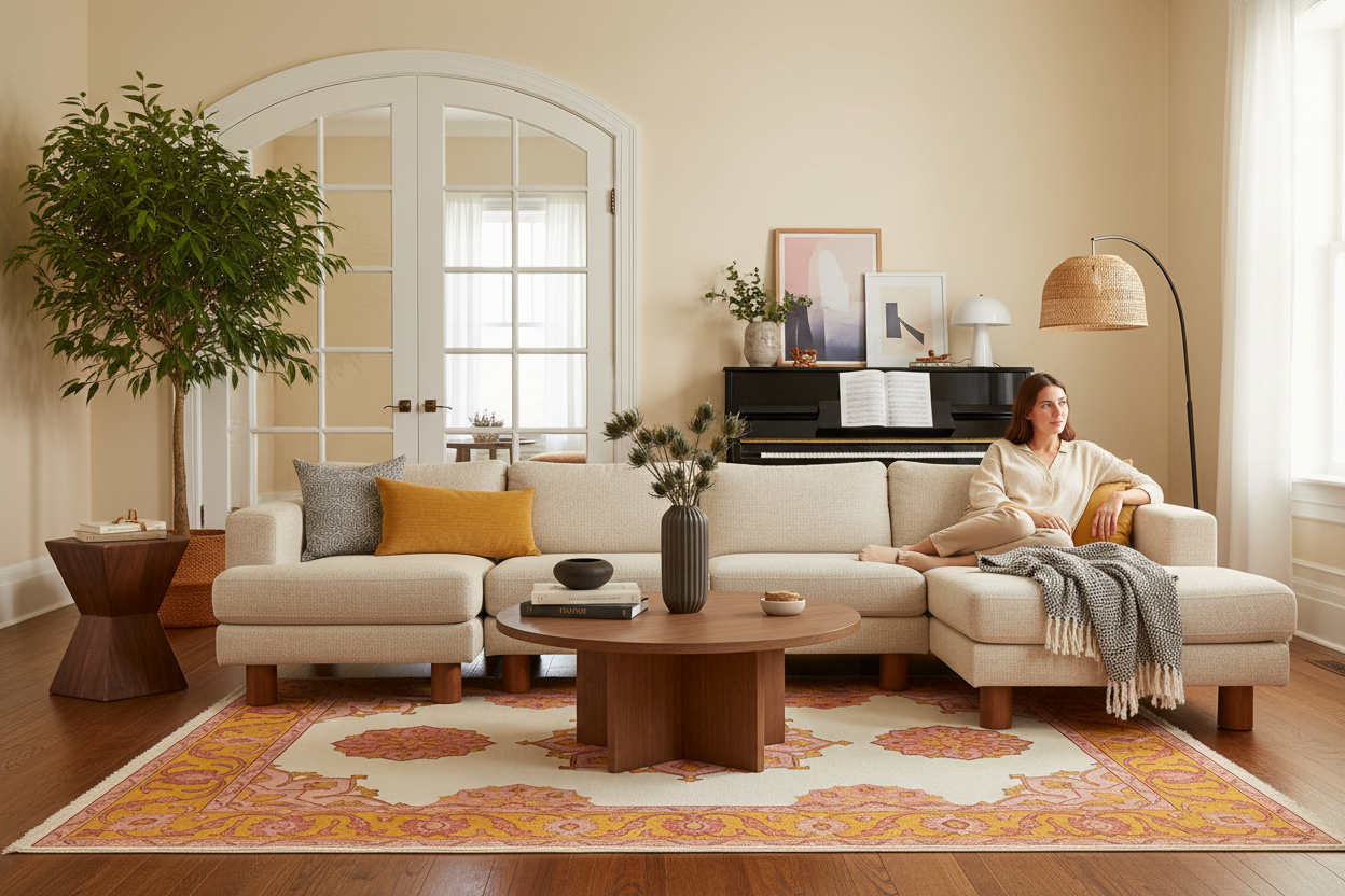 Woman sitting on a couch in a stylish living room with a piano and decorative orange rug, and decor elements.