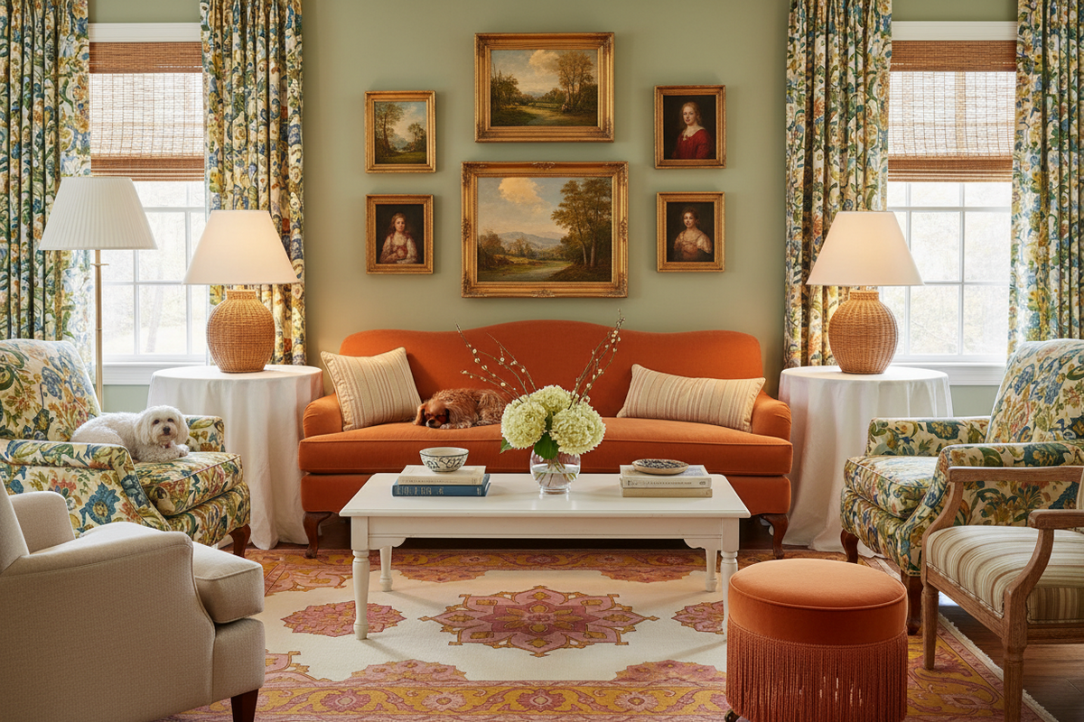 Living room with orange sofa, floral chairs, orange handmade rug, and decorative wall art.