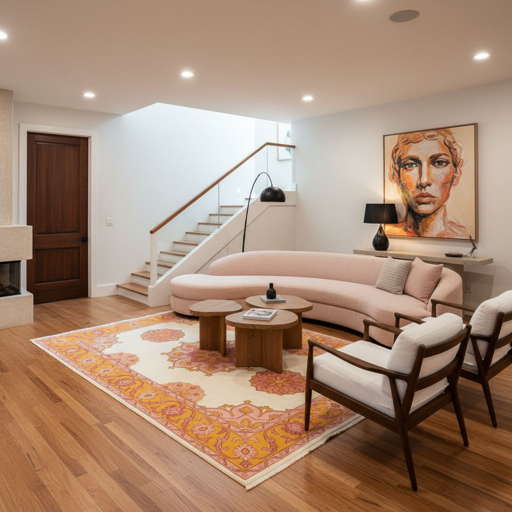 A modern living room featuring a curved blush pink sofa, two mid-century modern wooden armchairs with white cushions, round wooden coffee tables, and a large patterned orange and cream area rug on a hardwood floor. A staircase, fireplace, and a large framed portrait painting are visible in the background.