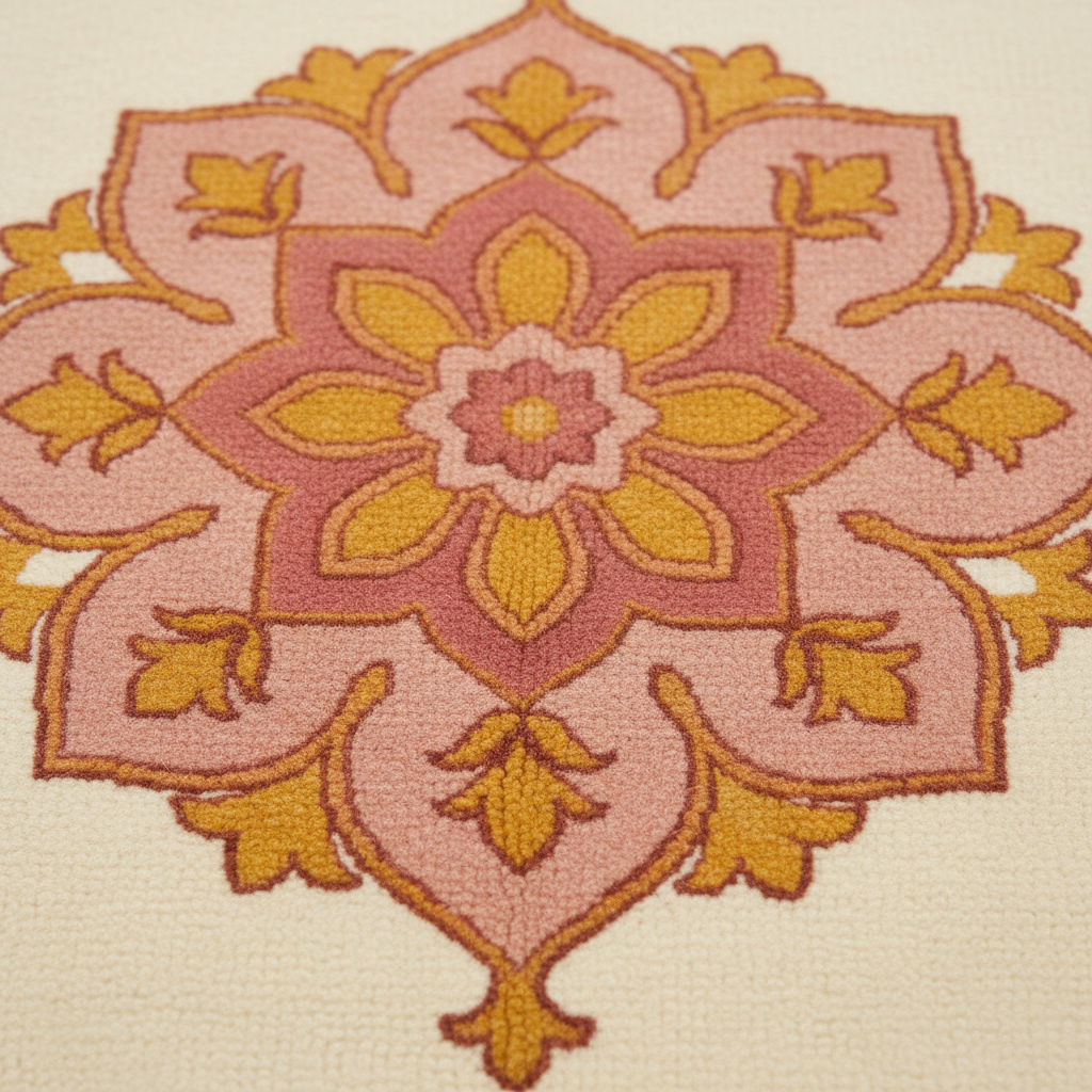 A close-up of a textured area rug featuring a symmetrical, ornate floral medallion pattern in shades of dusty pink, mustard yellow, and terracotta on a cream background.