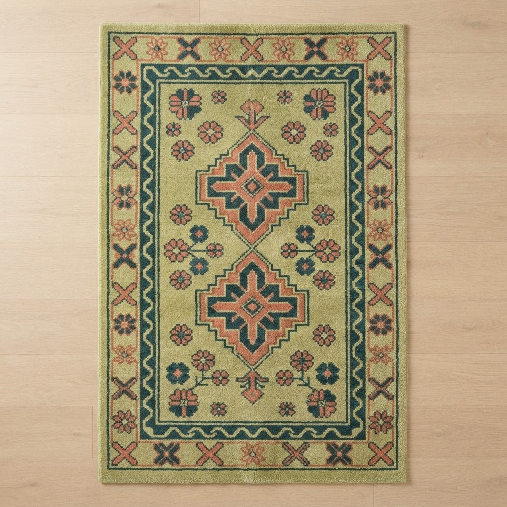 Pistachio Kazak Bloom Hand Tufted Wool Rug - studio photo